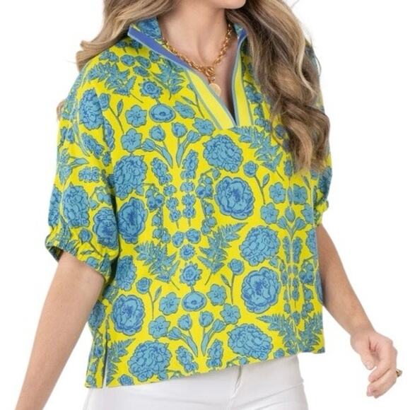 Emily McCarthy Poppy Top in Joy Bouquet Green Blue Floral Puff Sleeve Large - Picture 1 of 15